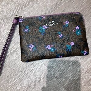 Coach Brown Wristlet with Purple Floral Design